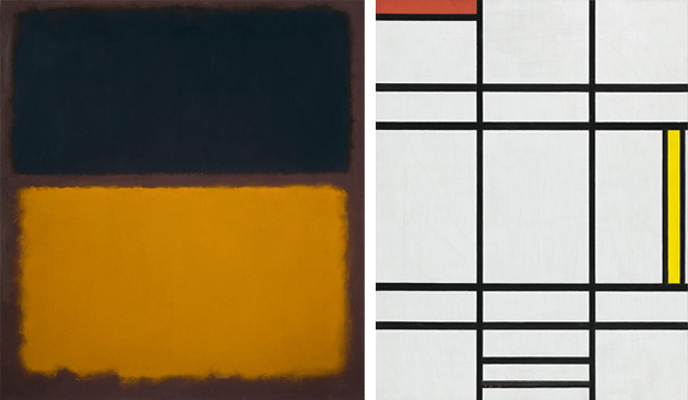 [left] Mark Rothko, Untitled (Black, Pink, Yellow Over Orange), 1950-51. Artwork: © Kate Rothko Prizel & Christopher Rothko / Artists Rights Society (ARS), Courtesy of The Mark Rothko Foundation [right] Piet Mondrian, Composition in White, Red, and Yellow, 1936. Los Angeles County Museum of Art
